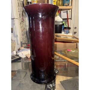 Vintage Mid Century Ruby Red Cased Glass 14" Cylinder Vase Opaque Pink Interior
